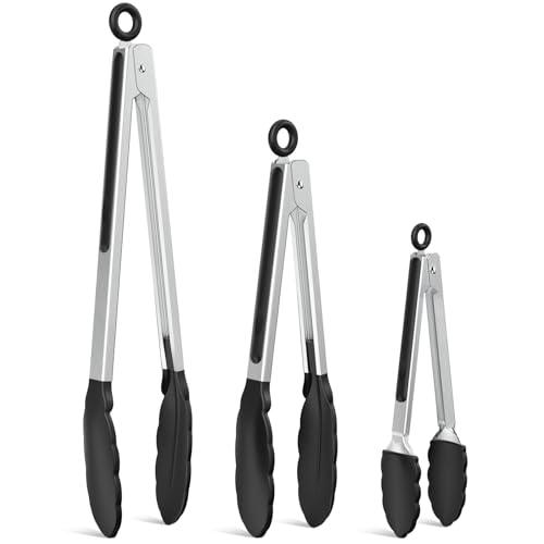 NileHome Tongs for Cooking Professional Stainless Steel Cooking Tongs Heat-Resistant for Grilling BBQ Serving Salad Pasta and Kitchen Use Dishwasher Safe Set of 7 9 12 Black