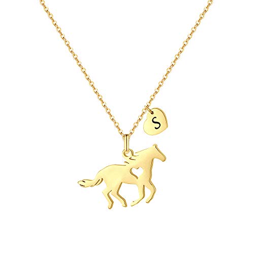 MONOOC Horse Necklace Gifts for Girls Heart Initial S Necklace Horse Jewelry Necklaces Kids Birthday Gifts for 6 7 8 9 10 11 12 13 14 Year Old Girls 14K-Gold-Plated - image 1