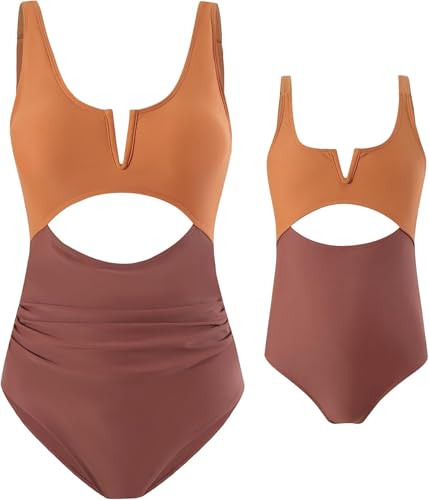 Family Matching Swimsuits Mommy and Me Cutout Colorblock Bathing Suits High Waisted Tummy Control One Piece Swimwear