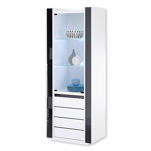 Stella Trading Vitrine in Weiß, Schwarz - Moderner Vitrinenschrank mit LED-Beleuchtung und viel Stauraum - 73 x 185 x 45 cm (B/H/T)