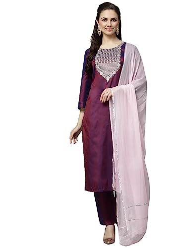 Image of LookMark Women's Art Silk Purple 3 /4 Sleeve Straight Kurta with Pant and Light Pink Color Dupatta(KS2065-S )