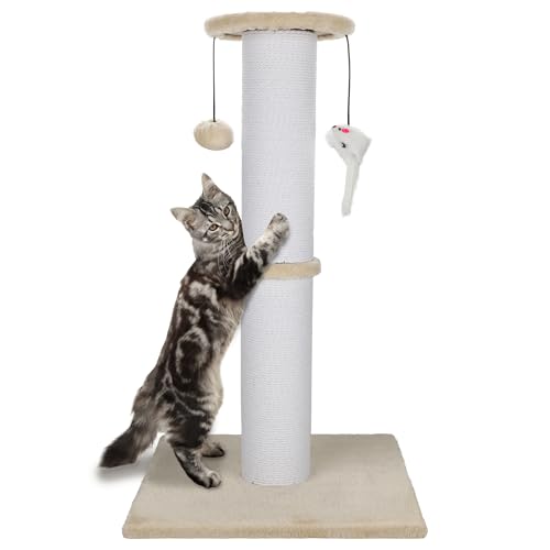 Ahomdoo Cat Scratching Post 34 Inches Heavy Duty and Thicker Cat Scratching Post Sisal Rope with Hanging Ball and Mice Scratching Post for Indoor Cats and Adult(Beige)