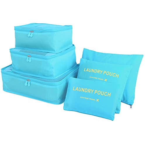Image of 6PCS Packing Cubes for Travel Luggage Organiser Bag Compression Pouches Clothes Suitcase, Packing Organizers Storage Bags for Travel Accessories, Light Blue