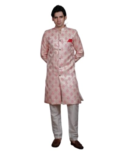 Image of Amzira Men's Soft Cotton Indo Western Kurta Pyjama Set with Mandarin Collared Neck Long Sleeves Button Closure and Solid Pant
