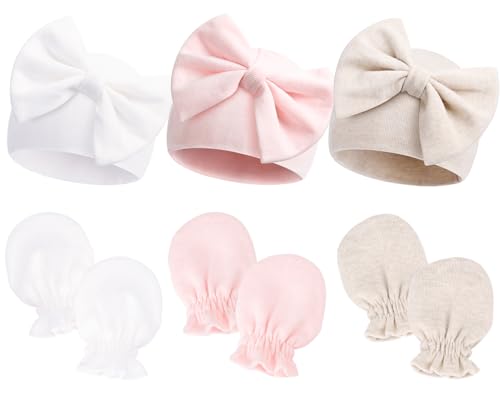 Image of Newborn Hospital Hats Gloves Baby Infant Bow Beanie Cotton Caps No Scratch Hat Mittens Set for 0-6 Months