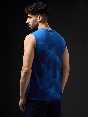Image of TECHNOSPORT Men Polyester Slim Fit Crew Neck Printed Sleeveless Vest with Anti-Microbial, Odour Free for Gym, Workout and Sports