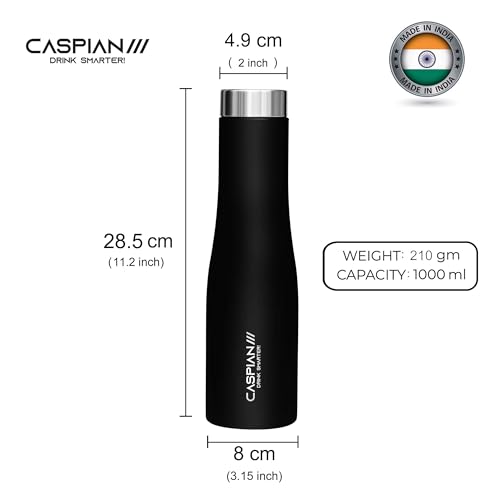 Image of CASPIAN / / / Aqua Stainless Steel Water Bottle (Black, 1 Litre)| Leak Proof Thunder for Fridge Home Office Travel School Kids Boys Girls Adults Sports Gym Yoga