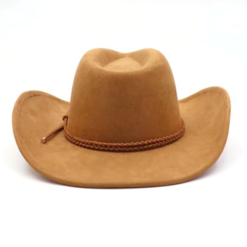 Image of Western Cowboy Hat for Women Men Wide Brim Cowboy Hat for Women with Woven Buckle Belt Suede Classic Fedora Hats