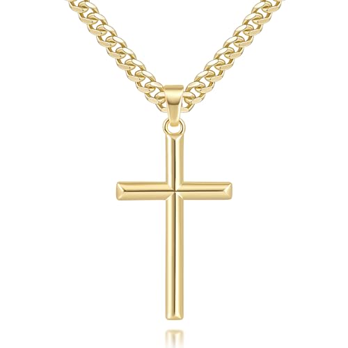 NICRET Gold Cross Necklace for Men 14K Cross Pendant for Men Simple Angular Edges with 4mm Cuban Chain Mens Crosses Chain