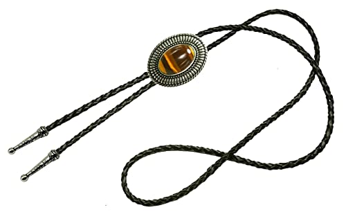 Image of Moranse Bolo Tie with Natural Tiger Eye Stone Celtic Style Genuine and Cowhide Rope
