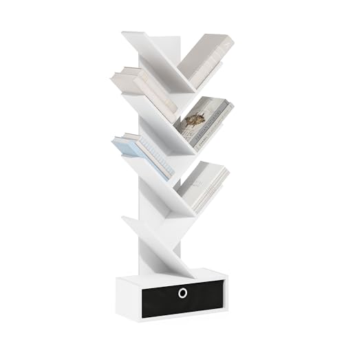 Image of Furinno Tree Book Shelf, 7-Tier Bookshelf, Tree Bookcase with Bin Drawer, 8.4 x 16.9 x 46.2, for Living Room, Bedroom, Home Office, White /Black