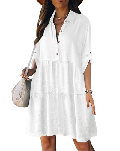 Bsubseach Womens Casual Kleider Button Down 3/4 Ärmel Sundresses A-Line Ruffled Shirt Dress Spring Outfits Weiß XL
