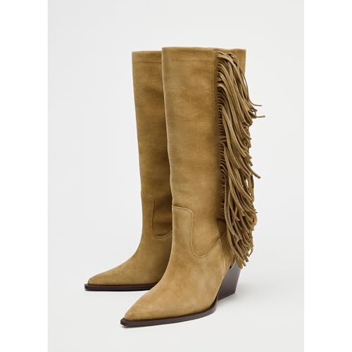 Suede Fringe Cowboy Boots for Women Pointed Toe Western Boots Chunky Low Heels Pull On Knee High Cowgirl Boots Dressy Wide Calf Fashion Casual2