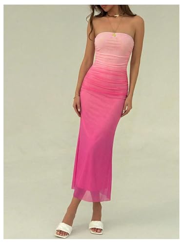 Image of GORGLITTER Women's Sunset Ombre Strapless Cocktail Bridal Shower Midi Dress | Orange Wedding Guest Dress, Mesh Tube Dress, Bridesmaid Dresses, Vacation Beach Sundresses,