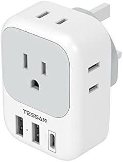 US to UK Plug Adapter, TESSAN Type G Travel Converter with 3 USB Charger(1 USB C Port), 4 Outlets Power Adaptor for USA to Qatar Ireland Hong Kong England Scotland Kenya Dubai London British