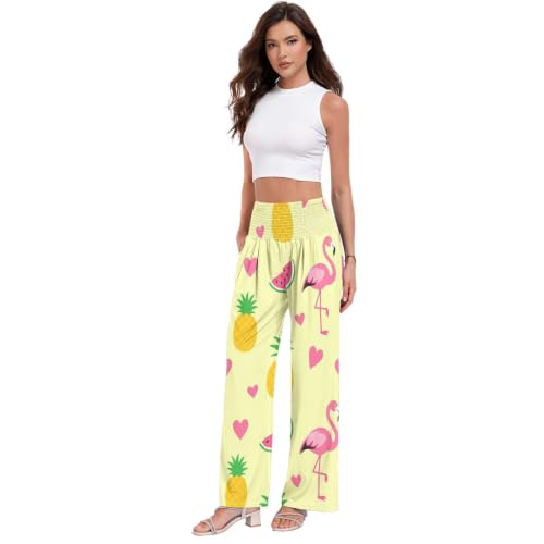 Pantalon d'été taille haute ample à motif flamingo pour femme