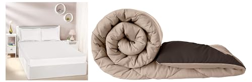 Image of Amazon Brand - Solimo Microfibre Reversible Comforter, Double (Subtle Beige & Walnut Brown, 200 GSM) Solid 144 TC 100% Cotton Double Bedsheet with 2 Pillow Covers, Off-White