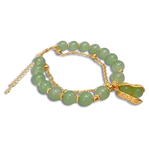 Natural Jade Bracelet for Women Hotan Jade Leaf Bracelet Natural 2-Layer Green Nephrite Jade Bracelet for Women Round Bead Design with Zircon Leaf Charm Bracelet,Lucky Jade Bracelet Ladies Jewelry (peanut) Cover