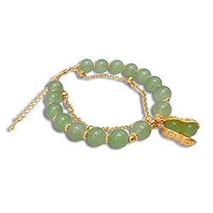 CJIAYUJEW Hotan Jade Leaf Bracelet Natural 2-Layer Green Nephrite Jade Bracelet for Women Round Bead Design with Zircon Leaf Charm Bracelet,Lucky Jade Bracelet Ladies Jewelry (peanut)