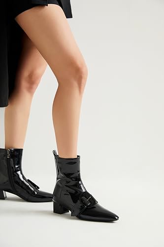Women's Ankle Boots Chunky Heel Pointed Toe Patent Short Booties Buckle Side Zipper Low Block Heel Fashion Dress Shoes2