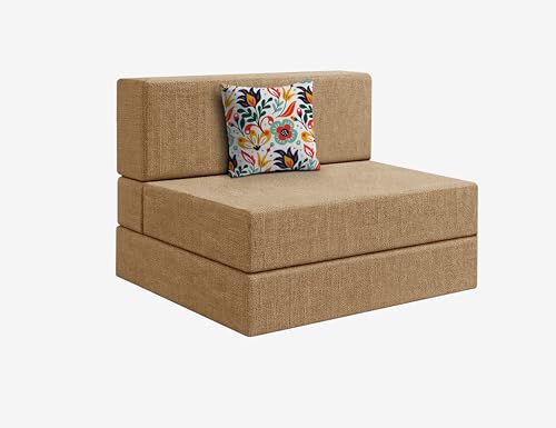 Image of Los Angeles Foldable One Seater Sofa Cum Bed, Sofa Bed 3 X 6 Feet Jute Fabric Washable Cover- Including Cushion Perfect for Living Room - Golden Color