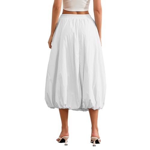 Y2K Bubble Maxi Skirt for Women Elastic Waist Balloon Midi Skirt Summer A Line Casual Long Skirts Streetwear, White, One Size2