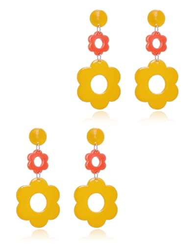 FUGLUS 2 Pares Pendientes Flor Boho, Pendientes Años 70, Accesorios Hippie para Chicas Groovy Outfit, Pendientes Acrilicos Flor para Mujer, Pendientes Hippy de Resina Pendientes de Margarita