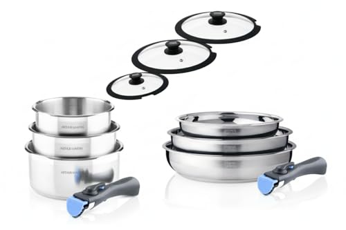 ARTHUR MARTIN - Batterie De Cuisine Inox 11 Pièces - 3 Casseroles Ø 16, 18, 20 cm - 2 Manches Amovibles - 3 Couvercles Silicone - Compatible Induction -...