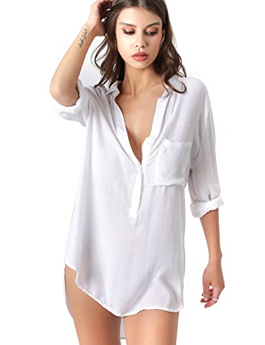 Image of TOUSYEA Sleep Shirts for Women Button Down Shirts Long Sleeve Sleepwear Swimsuit Cover Ups Soft Pajama Tops