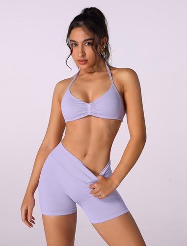 Image of ABOCIW Womens Seamless Workout Sets 2 Piece Strappy Halter Sports Bra Scrunch Butt Shorts Gym Yoga Outfits