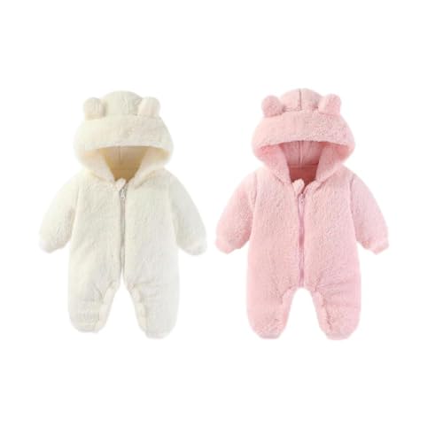 Image of AiWMGL White and Pink 0-3 Months Newborn Baby Bear Outfit Suit Girls Boys Fleece Jumpsuit Romper Hooded Winter Snowsuit Clothes