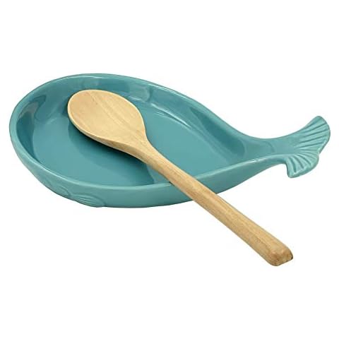 Ceramic Spoon Rest for Kitchen, with Wooden Spoon, 4.8W X 7.8L Cover