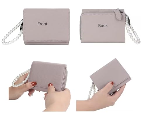 Genuine Real Leather Trifold Wallet with Coin purse for Women, ID Card Holder Case With Pearl Beads Hand Strap - Black3