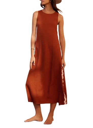 Women's Summer RIC Rac Sleeveless Maxi Dress Round Neck Side Split Scalloped Trim Beach Tank Dress
