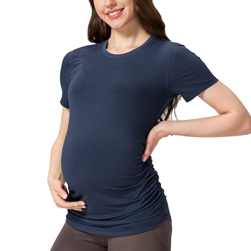 netdraw Buttery Soft Bamboo Viscose Maternity T Shirt, Pregnancy Short Sleeve Side Ruched Casual Tops, Ocean Blue, Medium