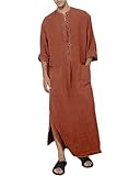 YAOHUOLE Long Sleeve Mens Kaftan Thobe Button Up Arabic Robes for Men Side Split Kaftan Brick Red L