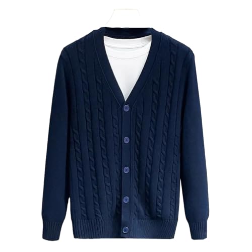 Men Cotton Sweater Long Sleeve V-Neck Sweaters Loose Solid Button Tops Thick Knitting Casual Cardigans Navy Blue
