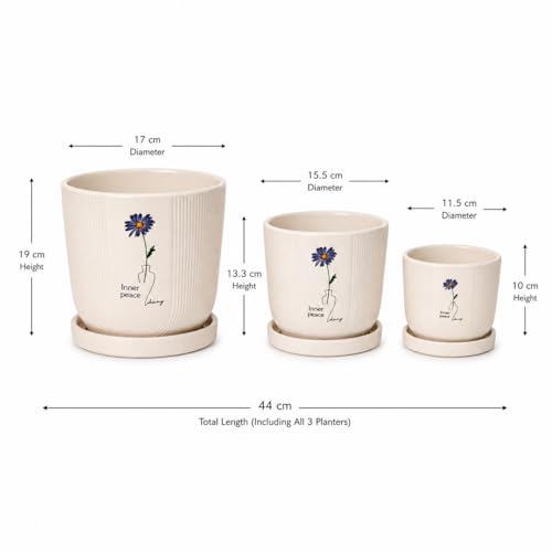 Image of Xtore Serene Floral Ceramic Planter Set with Drainage Saucers | Decorative Planter Pots for Living Room & Contemporary Plant Display (Set of 3, Ivory Beige - Planters only)
