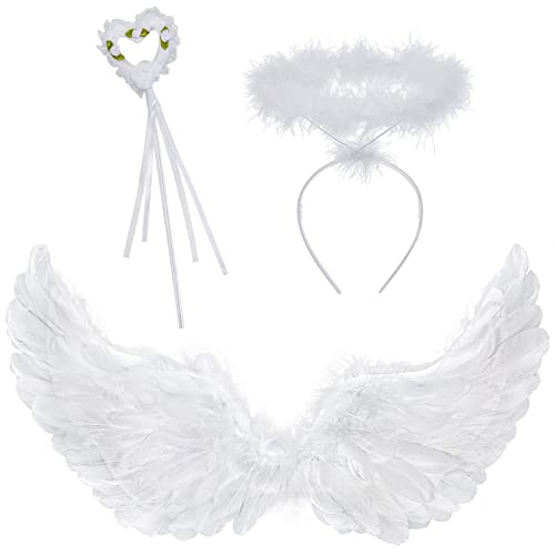 vamei Alas de Ángel Blancas para Adultos Niños Disfraces de Plumas con Aureola y Varita Mágica Diadema Alas de Princesa Angel Disfraz Accesorios para Niña Mujer Halloween Carnaval Cosplay Fiesta