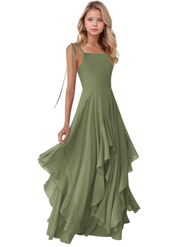 Chiffon Junior Bridesmaid Dress for Wedding Tiered A-Line Spaghetti Strap Ruffles Long Square Neck Flower Girl Dress
