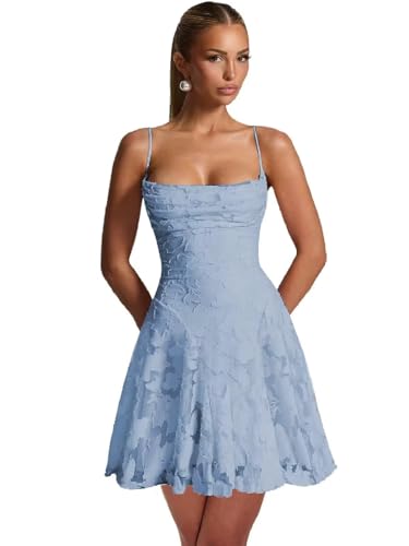 Clothfun Short Spaghetti Strap Homecoming Dresses for Teens Square Neck Floral Burnout Mini Dress CY274