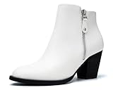 ANJOUFEMME Ankle Boots for Women Low Chunky Stacked Heel Fashion Booties With Side Zipper Fall Winter 7.5, White