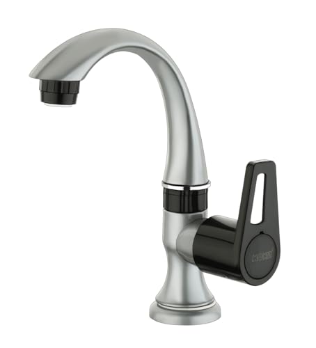 Image of MONIT Swan Neck Basin Tap - Metallic Grey & Black Dual Tone, Modern Single Handle Pillar Cock for Wash Basin - Includes Teflon Tape
