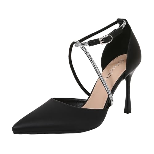 Women's Pointed Toe Stiletto, Ankle Strap Heel with Sparkling Crossband Detail, Adjustable Buckle