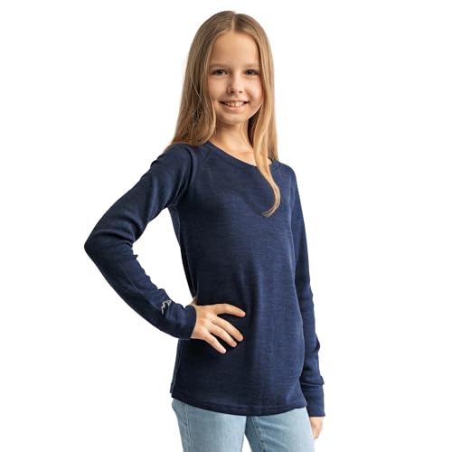 Merino Wool Base Layer Kids - Midweight Long Sleeve Merino Wool Top Kids - Unisex Kid Thermal Underwear (13-14 Years, Navy)