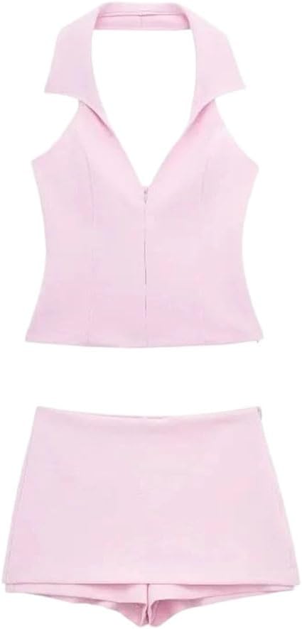 Women's Two Piece Set V-Neck Sleeveless Backless Zipper Mini Skirts Shorts Suits