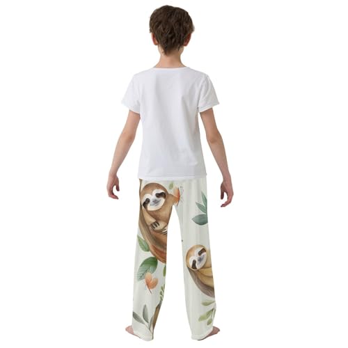 Lovely Sloth Florals Boys Long Pants Soft Trousers Elastic Waist Kids Lounge Bottoms with Pockets S-XL3