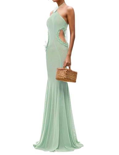Image of Women's Halter Neck Butterfly Cutout Maxi Dress Backless Slim Fit Mermaid Gown for Beach Vacation Party Elegant Dress