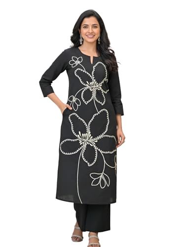 Image of Leriya Fashion Women's Cotton Straight Embroidered Kurta with Pant Set | Ethnic Motifs Work Kurti with Pant for Women | Casual & Office Outfit Ensemble | Kurta Sets for Woman