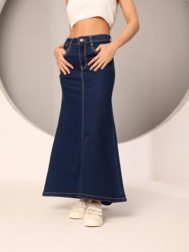 Image of Dolce Crudo Women's Flared High-Rise Stretchable Denim Maxi Skirt